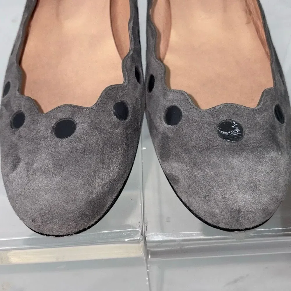 French Sole FS/NY Womens Flat‎ Wedge Shoes Scalloped Grey Suede Patent Dots size